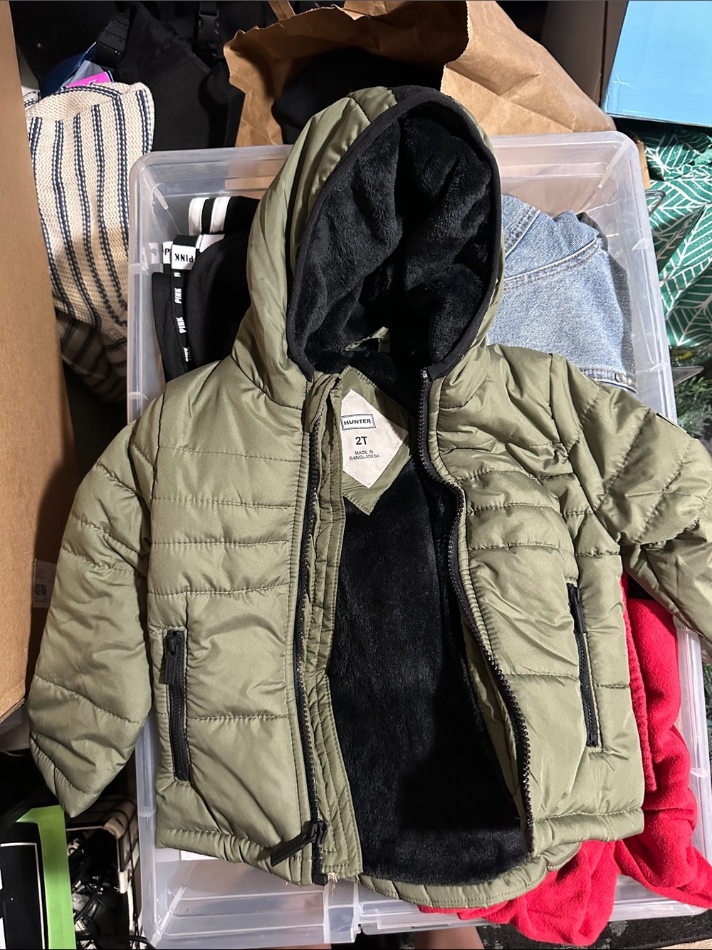 Hunter Olive Green and Black Hooded Puffer Jacket - Toddler